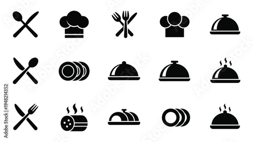 A comprehensive collection of black and white restaurant icons featuring various kitchen utensils and food service symbols