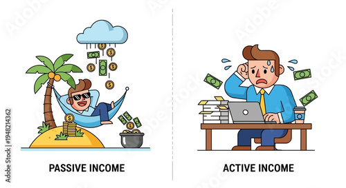 Visual comparison illustrating the contrast between effortless passive income generation and the demanding nature of active work for financial gain