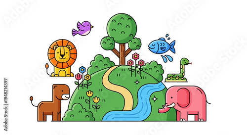 Whimsical World A delightful illustration whisking together a colorful array of diverse animals and lush natural landscapes
