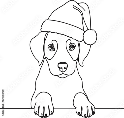 Cute puppy wearing a Santa hat looking over a fence line Christmas holiday desi
