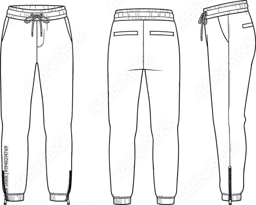 Unisex jogger pants technical fashion sketch, front, back, and side views with zipper cuffs and pockets, vector illustration – flavector