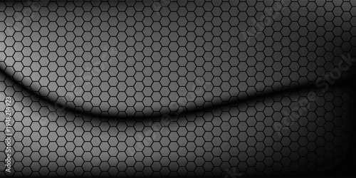 Dark grey abstract wide horizontal banner with hexagon carbon fiber grid and orange luminous lines. Technology vector background with orange neon lines