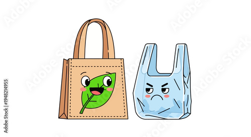 Eco-friendly reusable shopping bag with happy face contrasted against a sad, grumpy single-use plastic bag