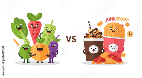 Playful cartoon illustration showing healthy fruits and vegetables versus tempting junk food, symbolizing dietary choices for a balanced life