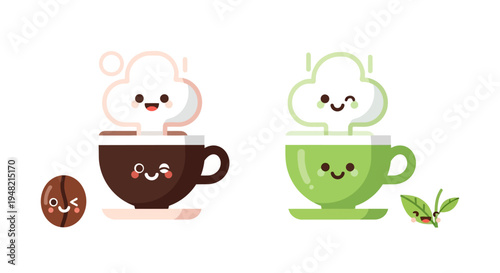 Cute coffee and tea cups with happy faces, representing a delightful beverage experience