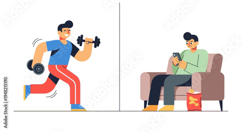 Contrasting healthy habits with sedentary living, showing a man exercising versus another relaxing on a sofa with snacks and a phone
