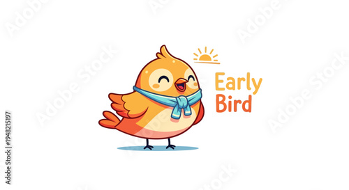 Adorable cartoon early bird with a scarf and sunrise, perfect for morning themes and optimistic concepts