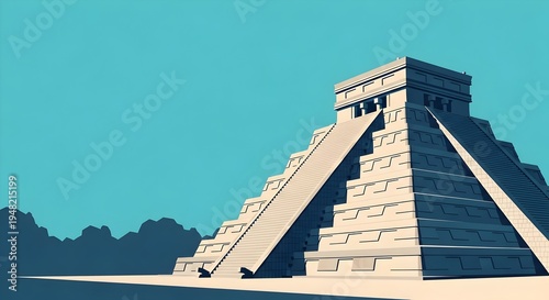 Chichen Itza Mayan Pyramid Illustration with Steps and Details in Front of Blue Sky, Mayan Culture, Mexico