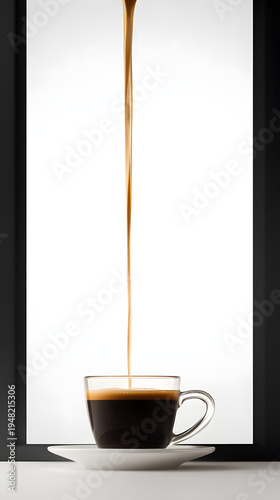 Espresso stream pouring into cup creating crema and steam with minimalist vertical composition