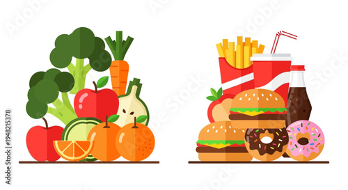 Healthy Food vs Unhealthy Fast Food Comparison Illustration