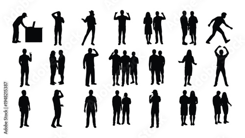 Collection of diverse business people silhouettes in various professional and casual poses and actions