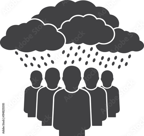 Group of people standing under dark rain clouds representing community facing challenges adversity and supporting each other in trouble