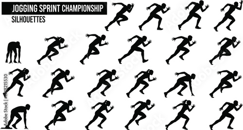 Running sprint athlete silhouettes set with male runners starting, jogging and sprinting in championship race poses isolated on white background for sport and fitness design
