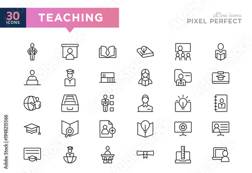 Teaching line icon set. Teacher, study, online learning, quiz, sir, head, student, calculator, compass, book vector icons. UI thin icon collection