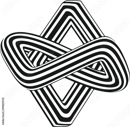 Intertwined geometric knot design with optical illusion stripes and subtle diamond shapes creating depth and visual intrigue for graphic elements