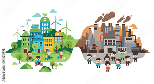 Sustainable Urban Living Versus Industrial Pollution A Visual Representation of Environmental Impact and Future Choices