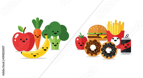 Healthy Fruits and Vegetables Contrasted with Unhealthy Fast Food and Sweets