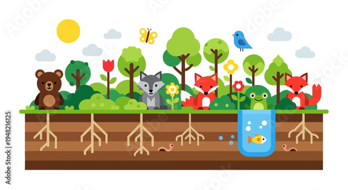 Charming forest ecosystem with various animals and plants, featuring a sunny day and lush greenery