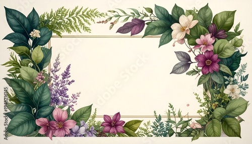 Floral Frame of Nature's Beauty: A stunning arrangement of fresh blooms and lush greenery, forming an elegant frame, perfect for adding a touch of natural beauty to any project.