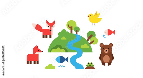 Vibrant flat design illustration depicting a diverse natural habitat with various cute wild animals and a flowing river