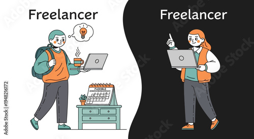 Freelancer concept art two individuals working remotely on laptops, symbolizing flexibility and independence