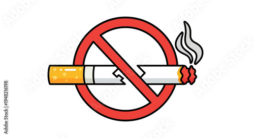 Vector Illustration of a 'No Smoking' Prohibition Sign with a Broken Cigarette, Promoting Health Awareness and Discouraging Tobacco Use