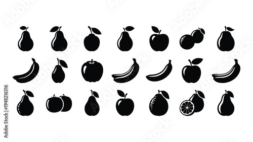 A vibrant and diverse collection of fruit icons in black silhouette on a white background, featuring a variety of shapes and forms, including pears, bananas, apples, and oranges.