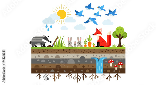 Illustrative depiction of woodland ecosystem layers soil, plants, animals, and weather phenomena
