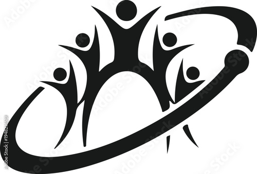 Minimalist black group icon showing five stylized figures with outstretched arms forming circular arrangement for community and team synergy