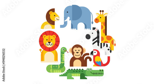 A delightful circular arrangement of cartoon zoo animals including lions, elephants, giraffes, zebras, monkeys, parrots, and crocodiles