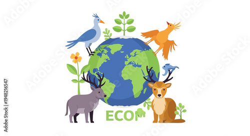 Harmony between nature and Earth with wildlife and plants surrounding the globe