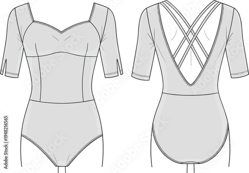 Women’s bodysuit fashion sketch, front and back view illustration, sweetheart neckline, crisscross strap detail, garment construction design drawing