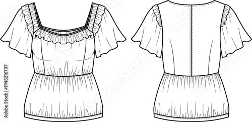 Women’s blouse technical fashion sketch, square neckline with ruffle trim, flutter sleeves and peplum waist, vector garment illustration – flavector