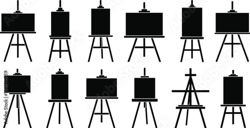 Artist easel silhouette collection, wooden canvas stand vector set, painting display icons, isolated art studio equipment for creative gallery projects design.