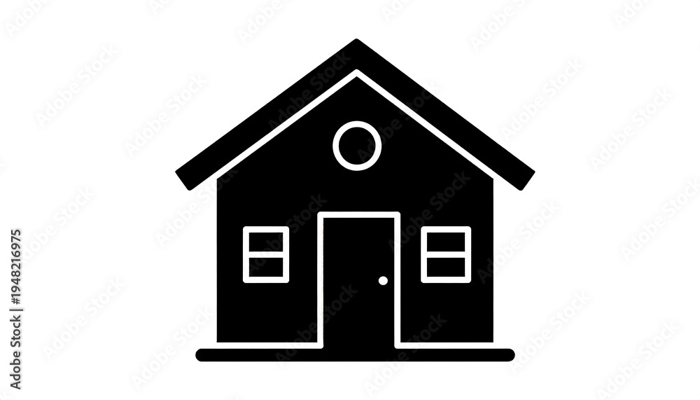 Fototapeta premium Simple black house icon. A single door, two square windows, and a round window under the gable roof