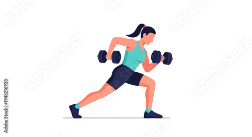 A woman in a lunge position holds dumbbells in a fitness training illustration with a healthy living theme, conveying a physical fitness mood