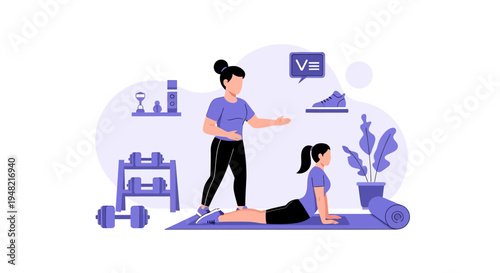 Illustration of a woman instructing another woman in a yoga pose with dumbbells and sports equipment nearby in a healthy living scene