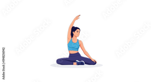 A woman in athletic wear performs a yoga stretch with one arm raised and the other on her leg against a clean white background