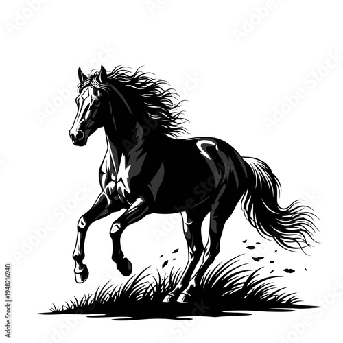 A powerful black horse with a flowing mane gallops across a grassy field, depicted in a dynamic illustration.
