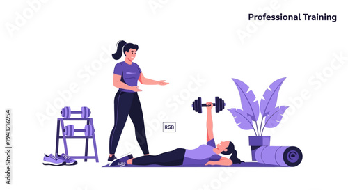 A woman lies on a yoga mat lifting dumbbells with guidance from a fitness trainer in a healthy living environment