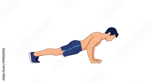 A man performs a push-up exercise in a dynamic illustration with a focus on fitness and physical training