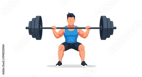 A muscular man in a blue tank top performing a squat with a barbell in a fitness setting