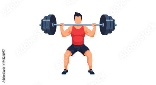 Illustration of a man performing a squat with a barbell in a fitness training setting