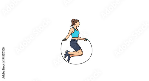 Illustration of a woman skipping with a hula hoop in a fitness warm-up routine with a healthy and energetic mood