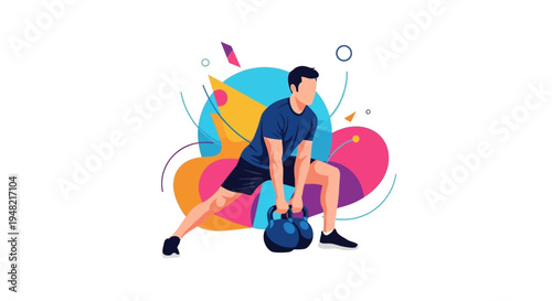 A man in athletic wear performing a fitness training exercise with a medicine ball in a dynamic, colorful illustration with a healthy and energetic mood