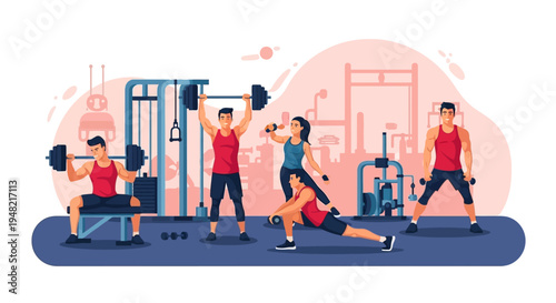 Illustration of people engaging in fitness training with dumbbells and barbells in a gym for healthy living and physical fitness