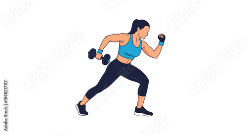 Illustration of a woman in a dynamic fitness pose, holding dumbbells and wearing workout attire, conveying a healthy and active lifestyle
