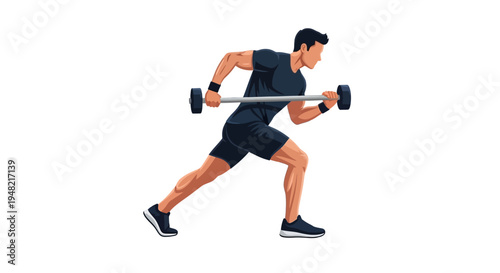 A man performs a dynamic fitness training exercise with dumbbells in a sports warm-up routine