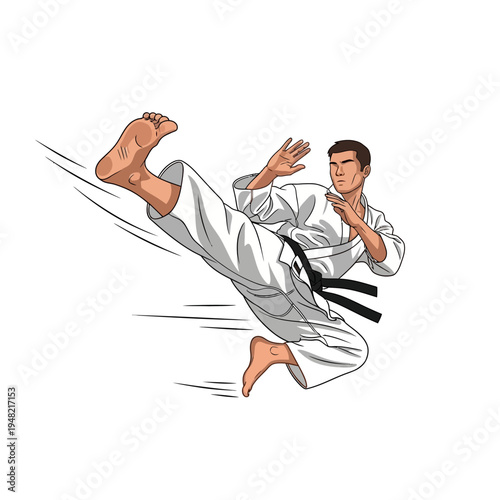 Martial artist in a white gi performing a dynamic side kick with motion blur effect.