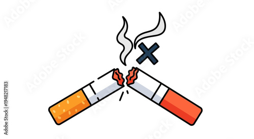 No Smoking Sign, Broken Cigarette with Smoke and a Cross Symbol Illustration